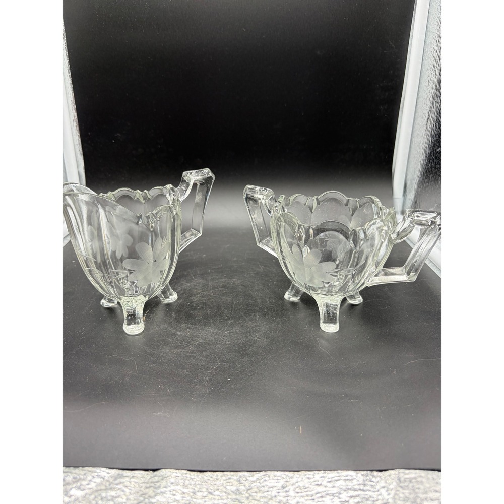 Vintage Indiana Etched Glass Footed Open Sugar & Creamer Set - Picture 2 of 4